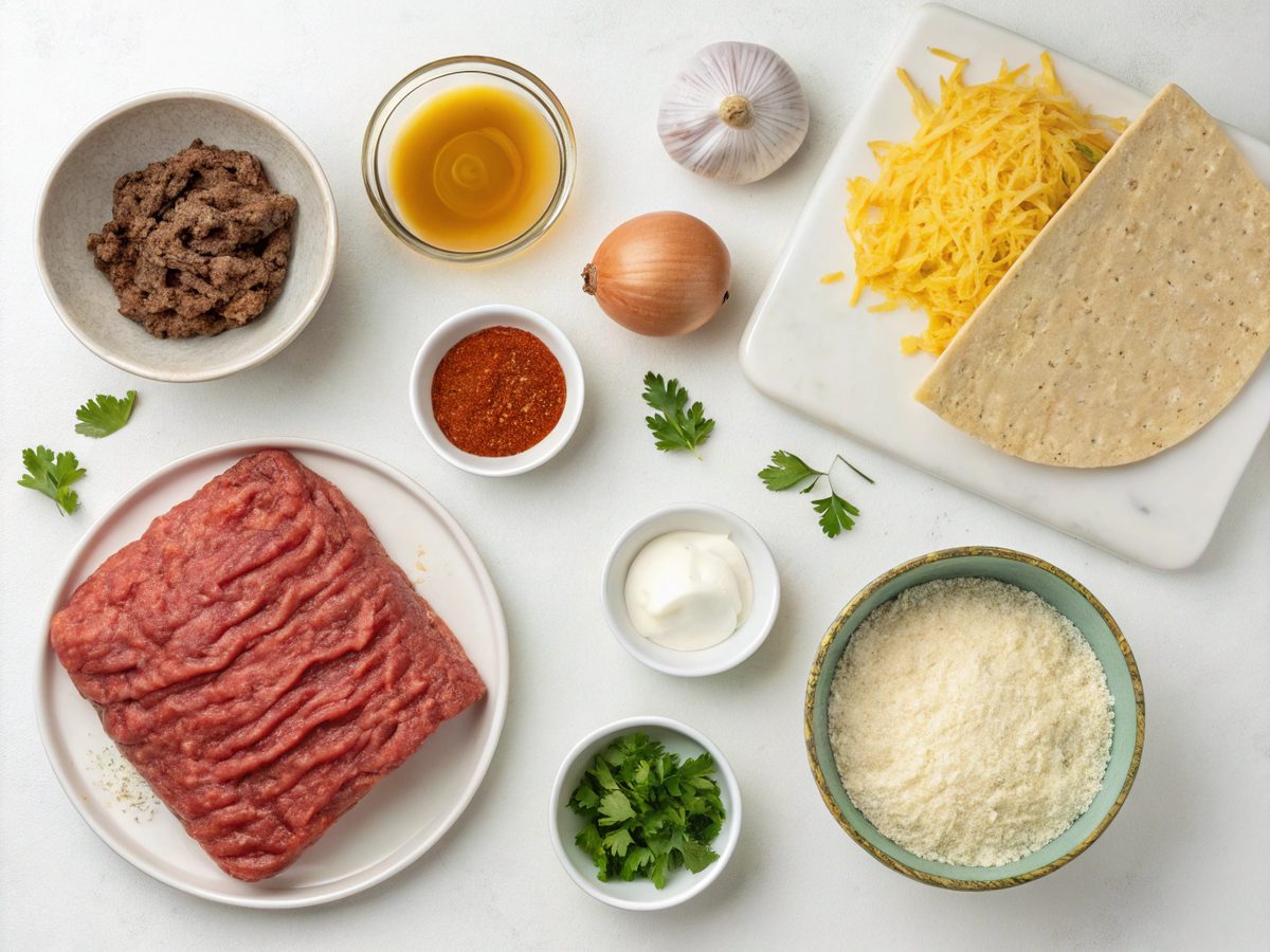Visual of ingredients needed to prepare ground beef enchiladas.