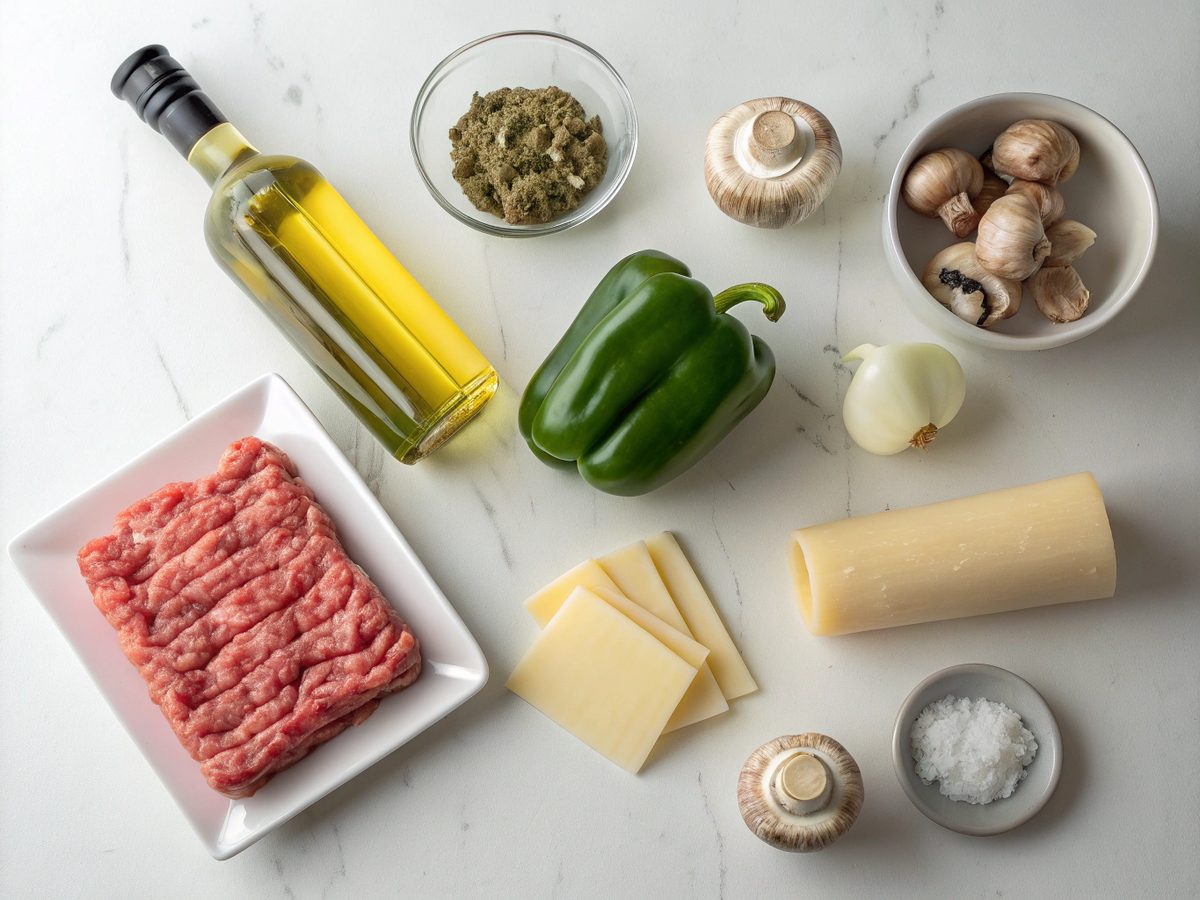 Ingredients used in the ground beef Philly cheesesteak recipe, neatly arranged on a kitchen counter.