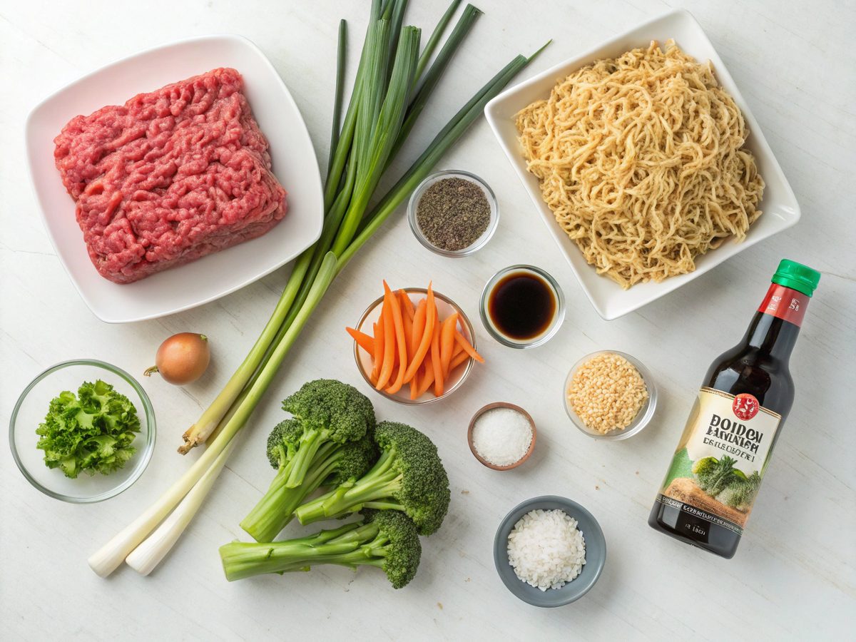 Ingredients needed for making ground beef ramen stir fry