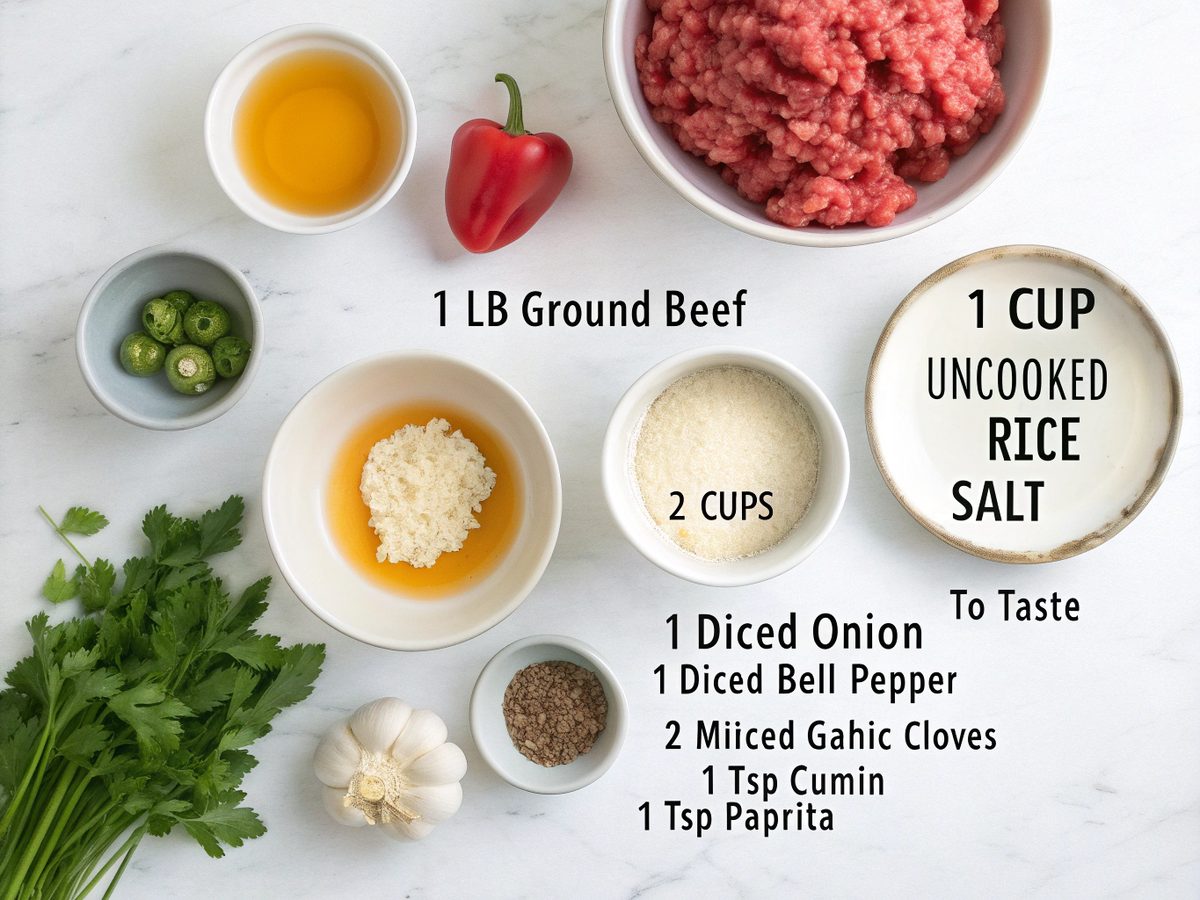 Ground beef, rice, onion, bell pepper, garlic, cumin, paprika, olive oil, and parsley laid out for Ground Beef Rice Skillet.