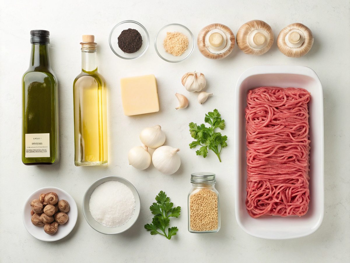 Ground beef stroganoff ingredients laid out on a kitchen counter