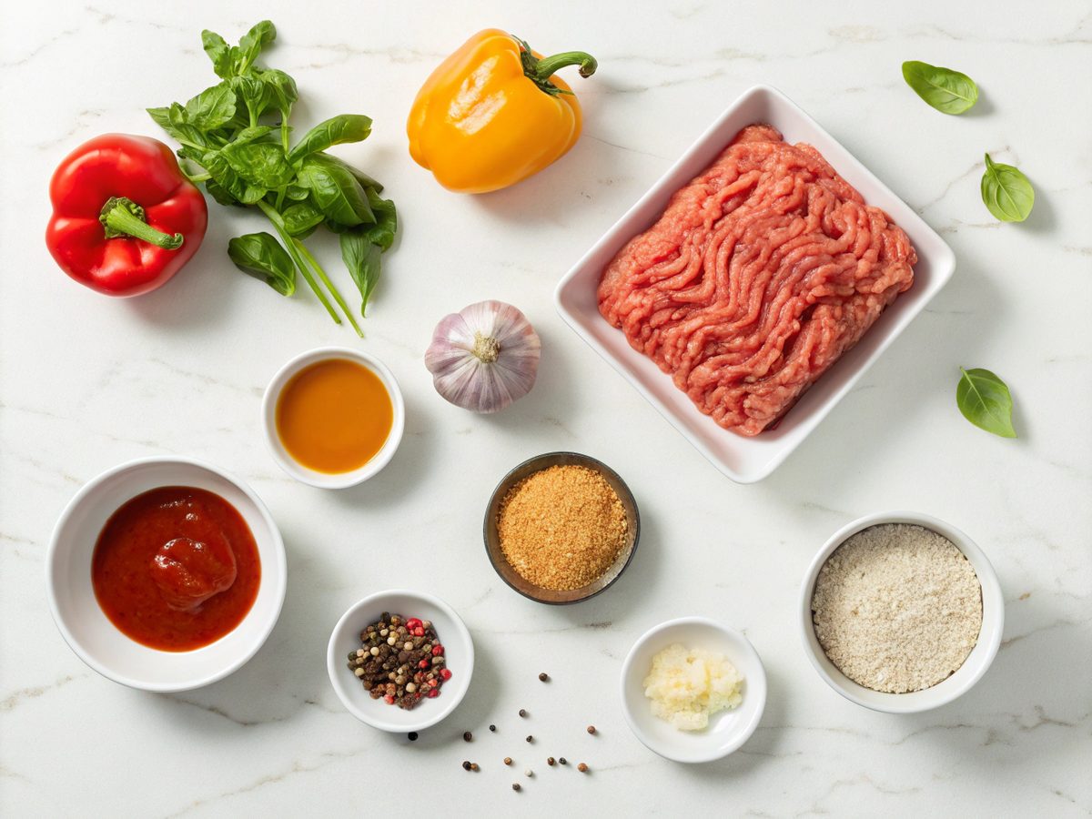 Flat lay display of ingredients for ground turkey peppers recipe