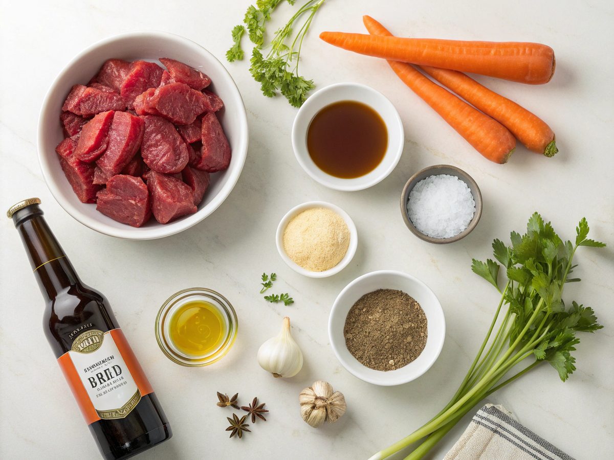 A visual representation of ingredients for Guinness beef stew recipe.