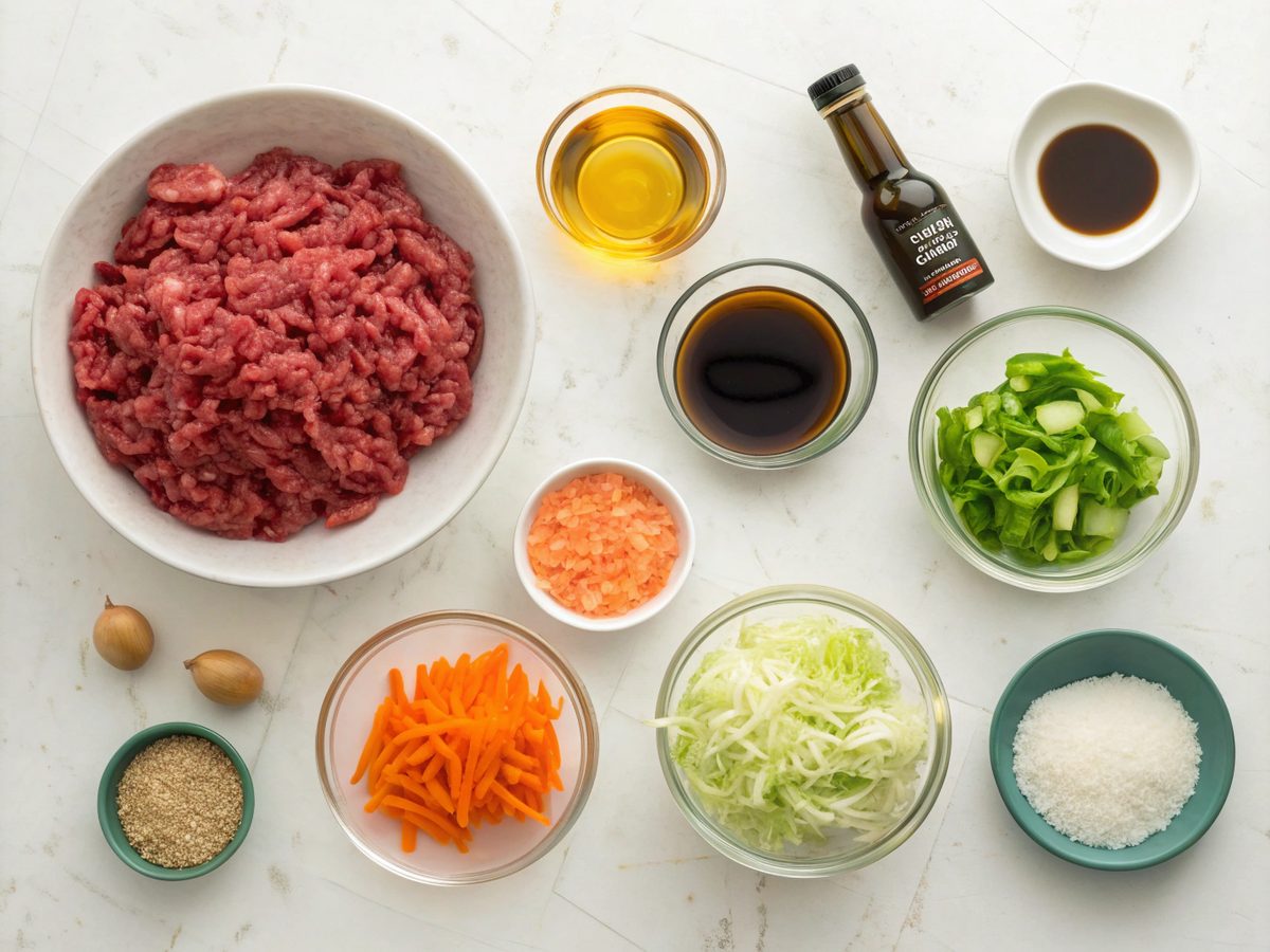 A top view of all the ingredients needed for making healthy beef lettuce wraps.