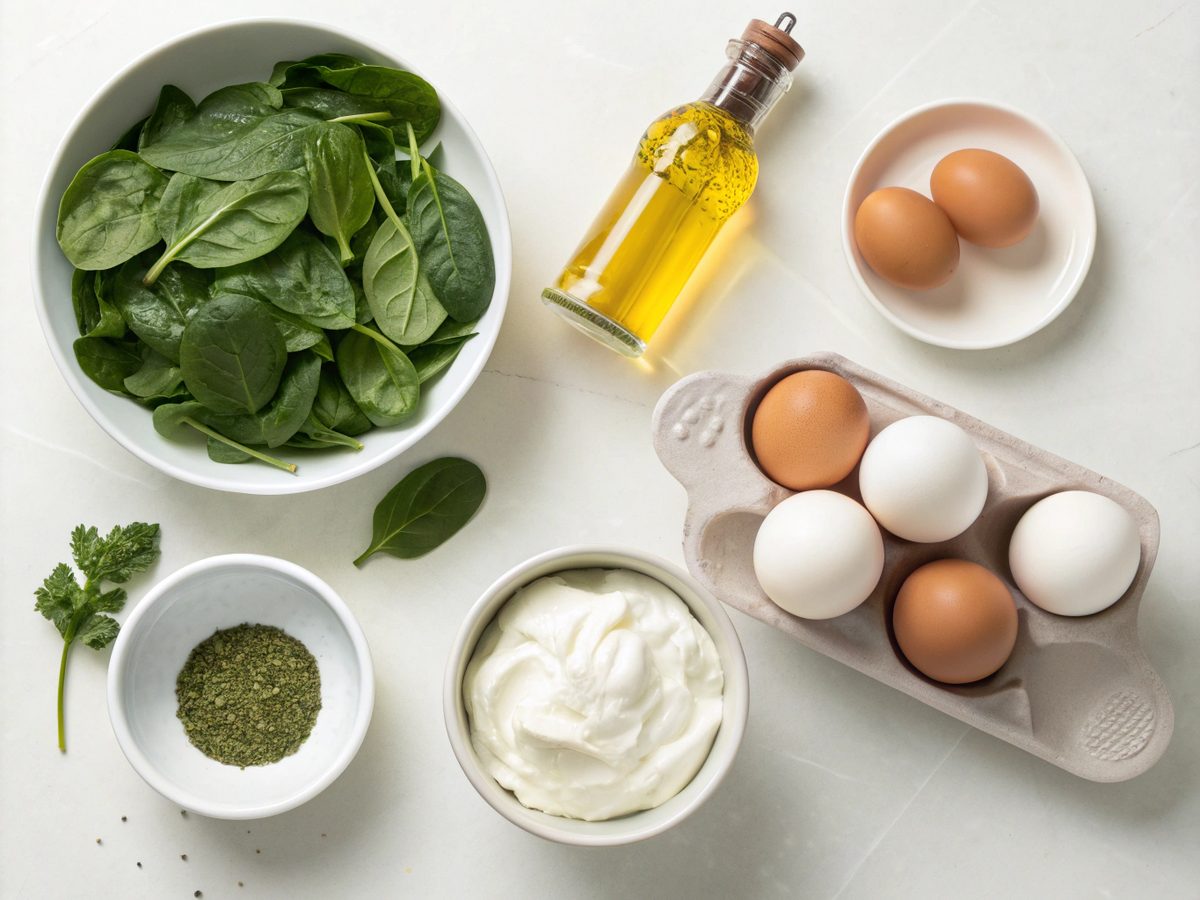 Image showing the ingredients for healthy breakfast recipes, including eggs and spinach.