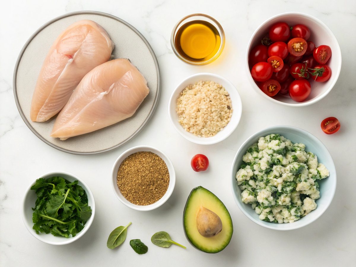 A flat lay view of the ingredients required to make Healthy Buffalo Chicken Bowls.