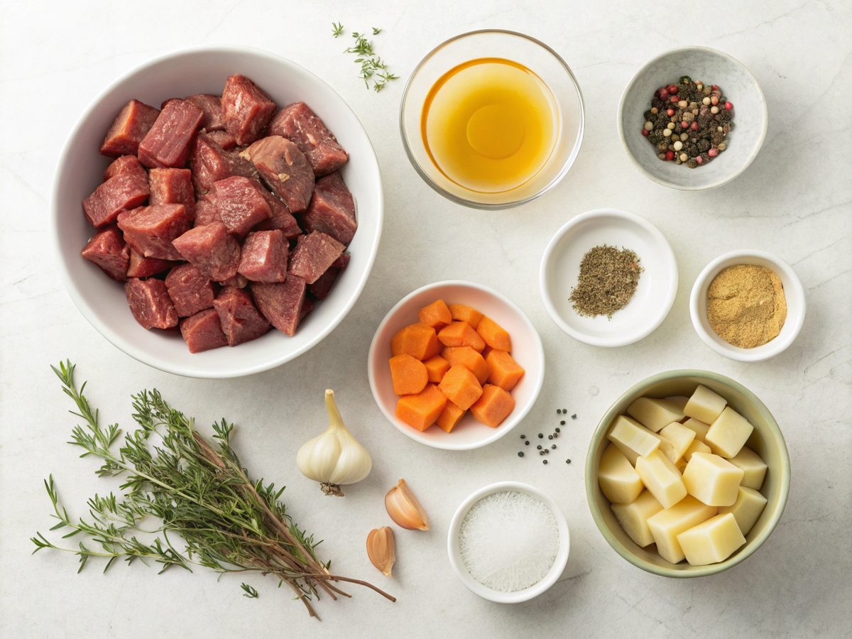 An SEO-friendly alt tag describing the image of recipe, including keyword: Ingredients for High-Protein Beef Stew Crockpot.