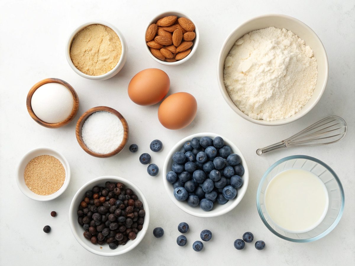 Flat lay of ingredients needed for high protein blueberry donuts.