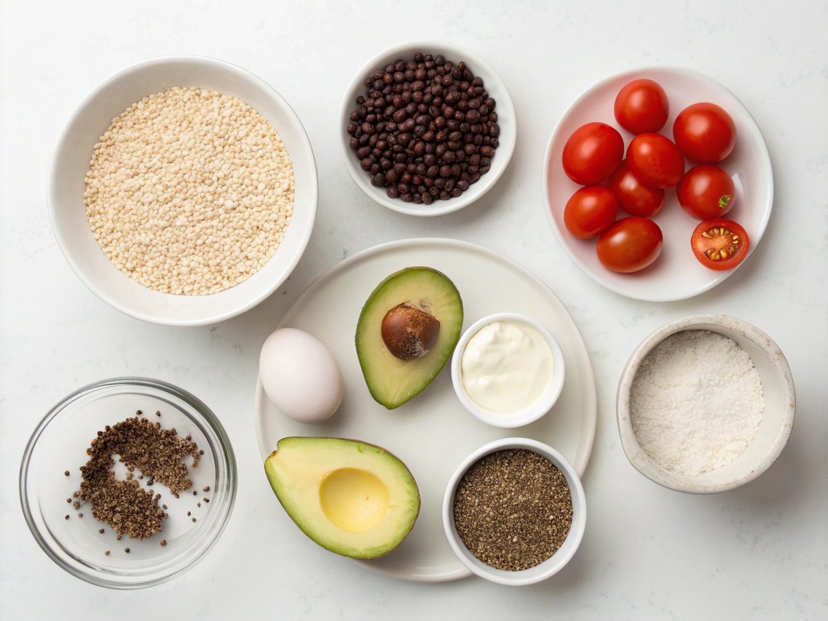 High protein breakfast bowls ingredients laid out on a kitchen counter