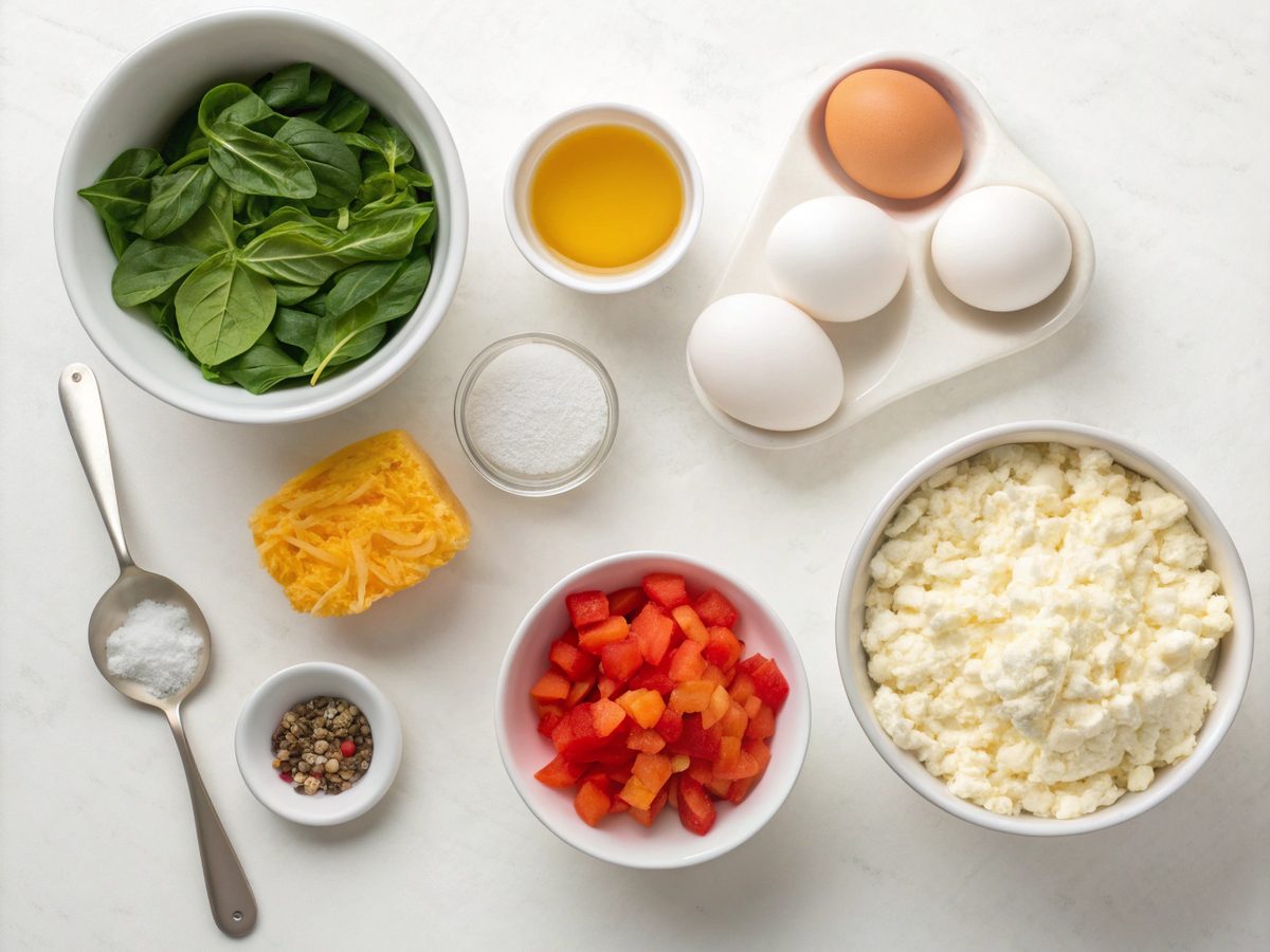 Flat lay of ingredients for high protein breakfast meal prep including eggs, cottage cheese, and veggies
