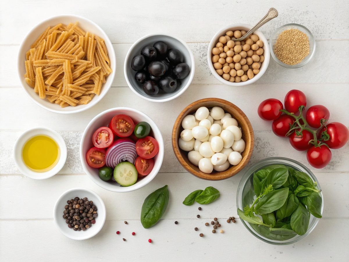 Flat lay of ingredients for high protein Italian pasta salad on white kitchen counter