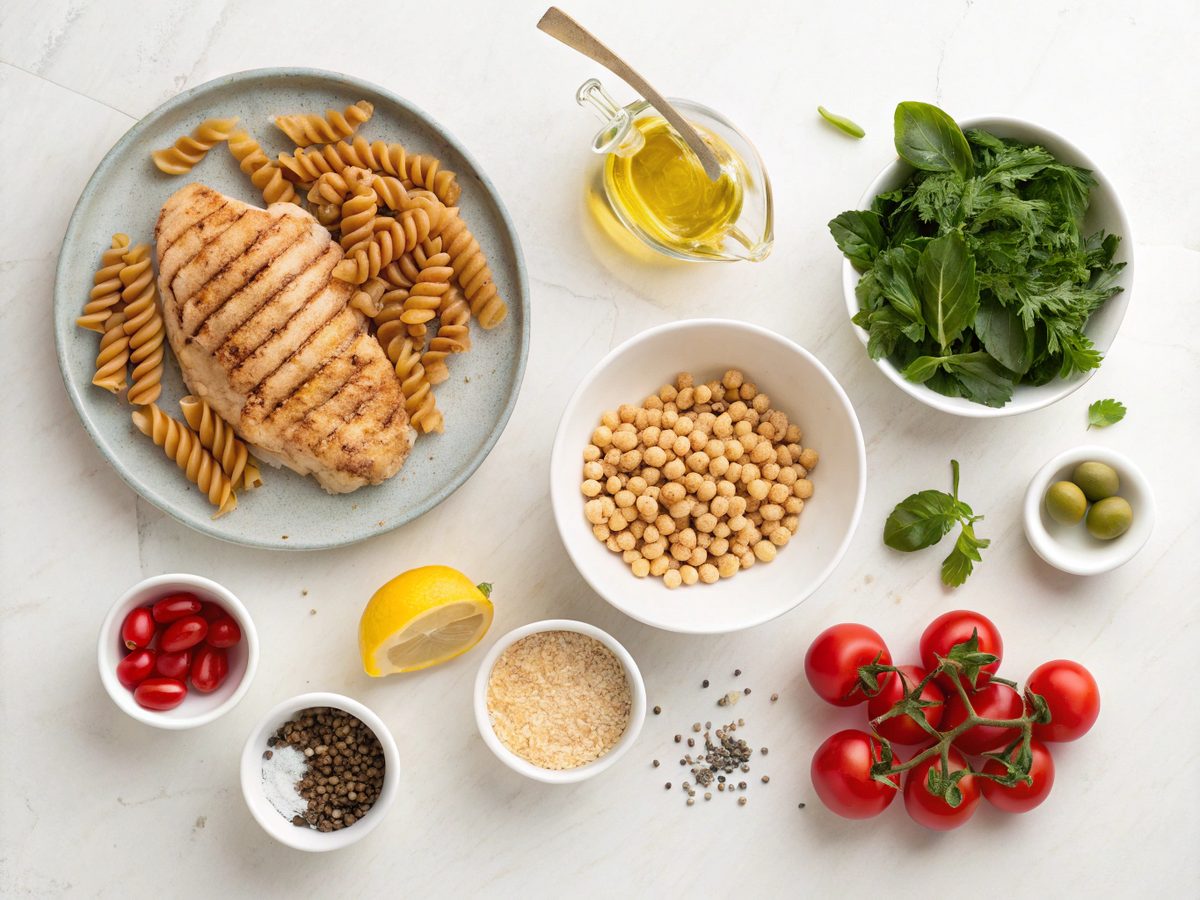 Ingredients for making High Protein Italian Pasta Salad laid out on a kitchen counter