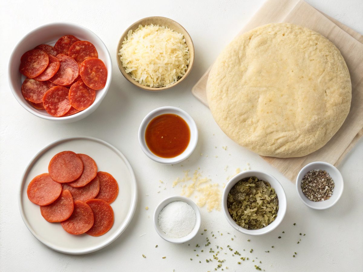 Ingredients for High Protein Pepperoni Pizza Rolls with pizza dough, cheese, and pepperoni