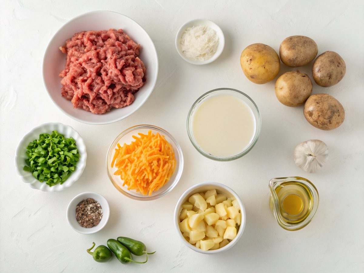 Flat lay of ingredients for a hobo casserole recipe featuring ground beef, potatoes, and vegetables.
