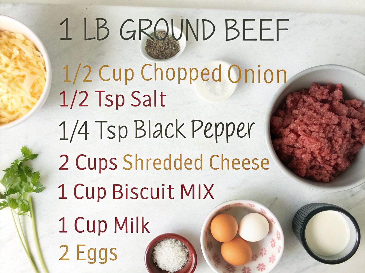 Flat lay of ingredients for homemade cheeseburger pie including ground beef, cheese, and more.