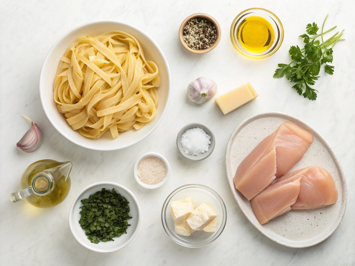 Visual layout of ingredients for making homemade chicken alfredo