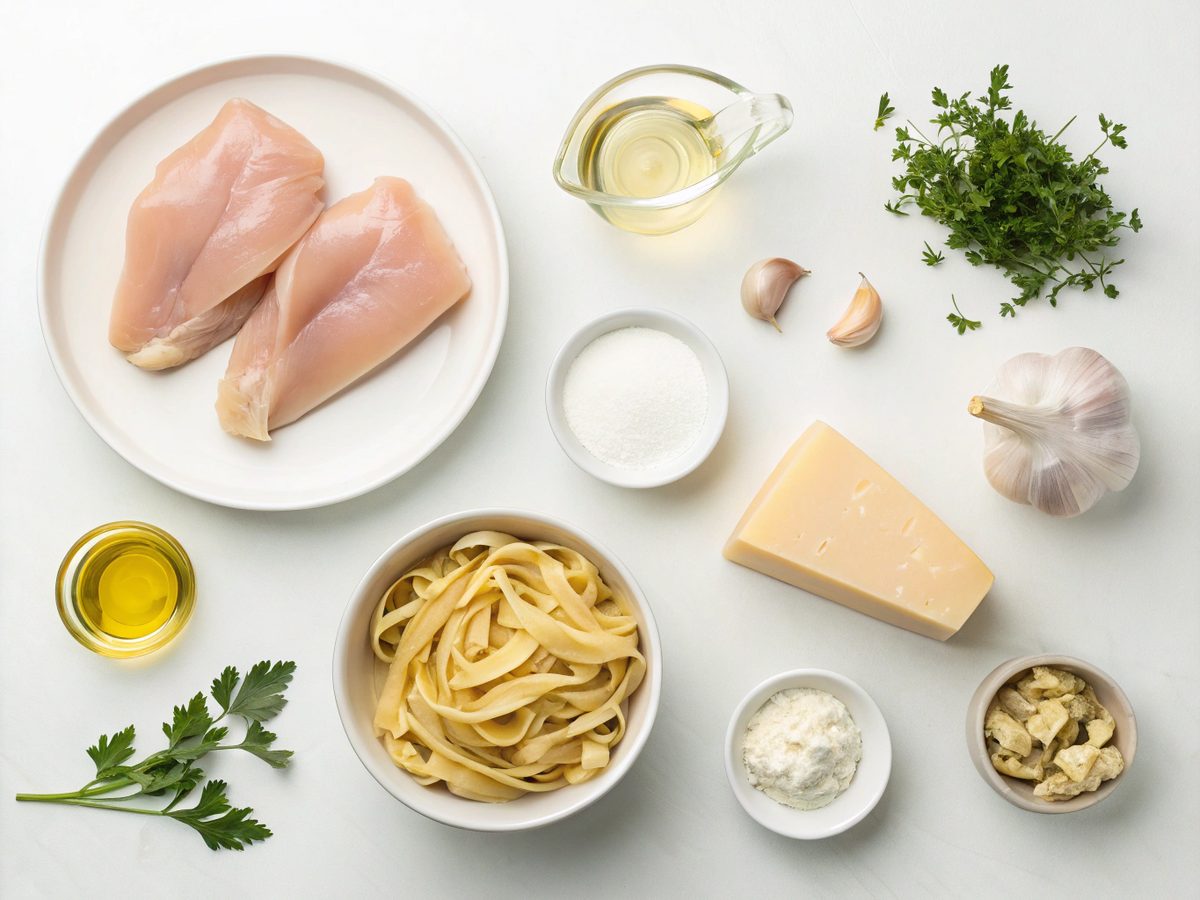 Visual depiction of ingredients for making homemade chicken Alfredo