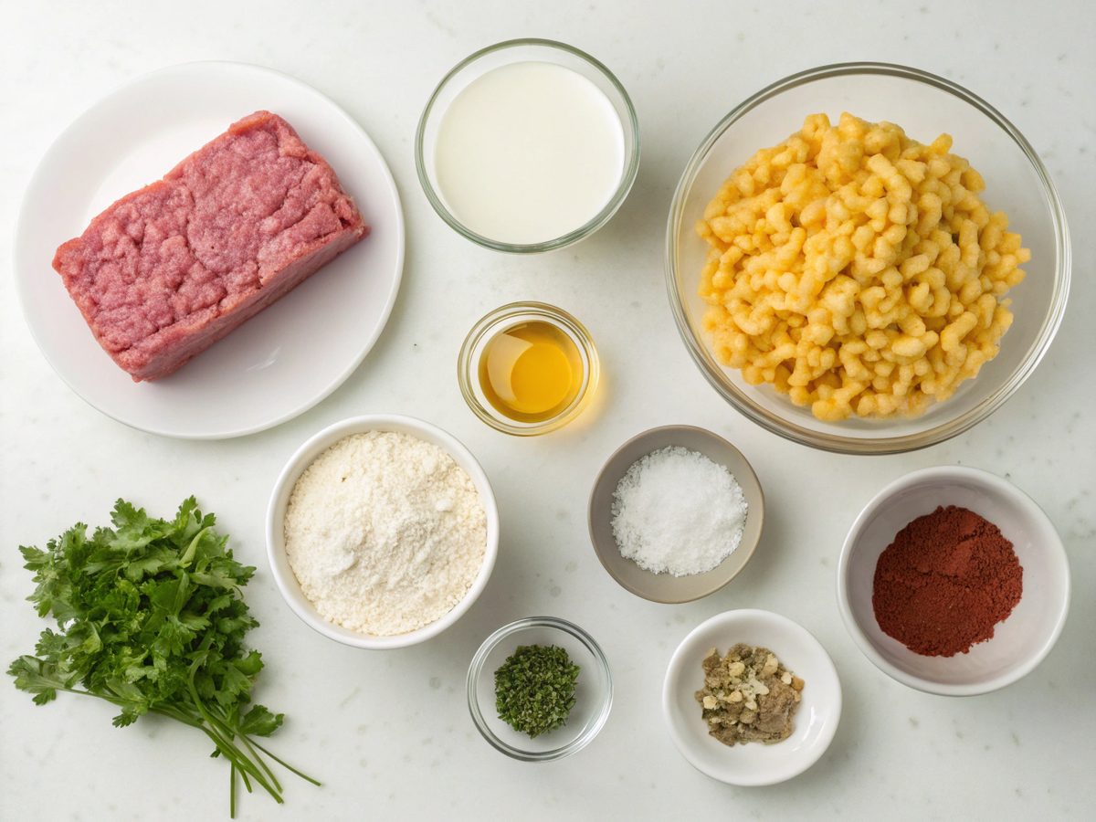 Flat lay of hamburger helper ingredients including ground beef, pasta, and cheese