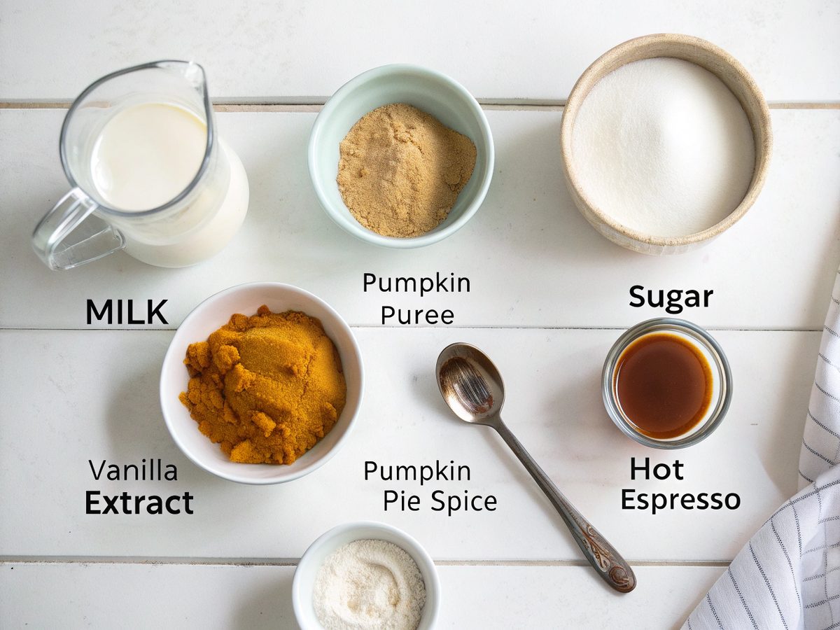 Flat lay of ingredients for homemade pumpkin spice latte