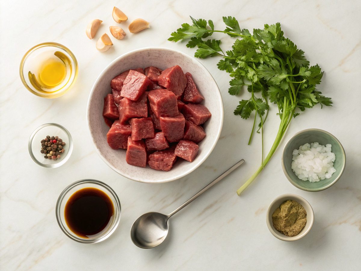 Flat lay of ingredients for Honey Garlic Steak Bites