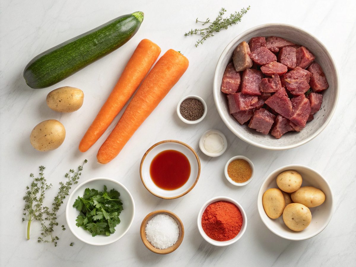 Flat lay of ingredients for Instant Pot Beef Stew Zucchini