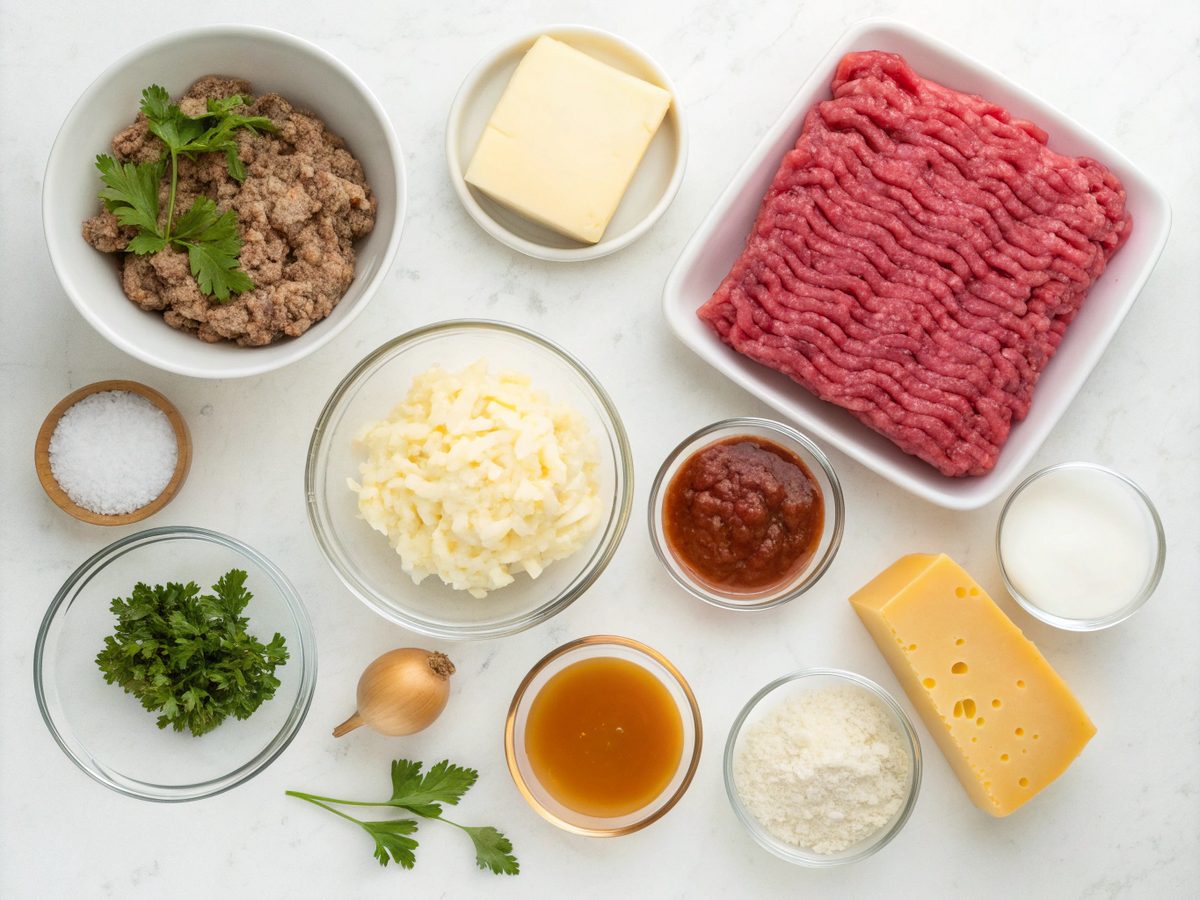 Flat lay of keto cheeseburger soup ingredients including ground beef, cheese, cream, and seasoning.
