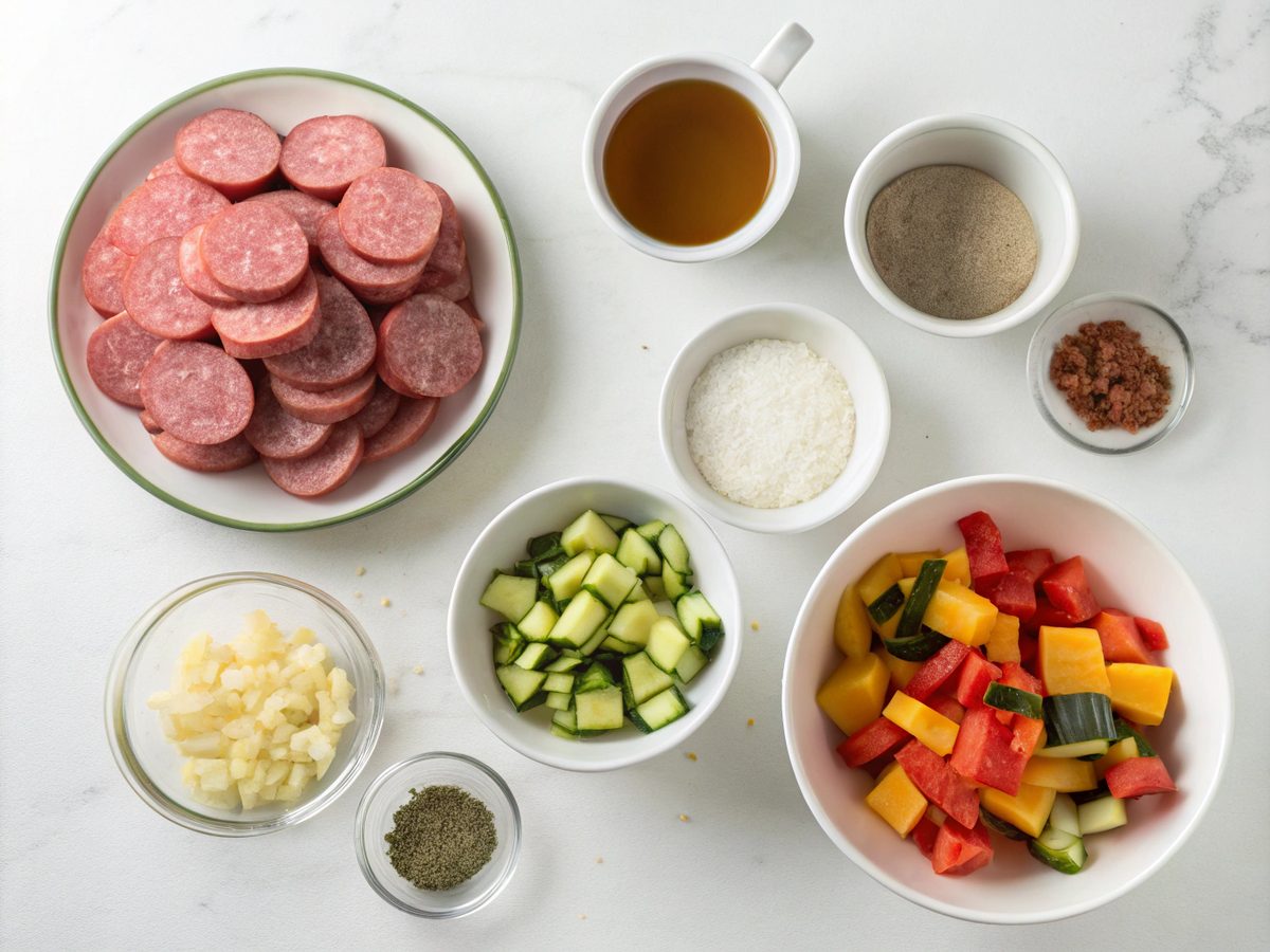 An array of ingredients for a Keto Sausage and Vegetable Crockpot Stew including Italian sausage, zucchini, bell pepper, cauliflower florets, beef broth, and spices.