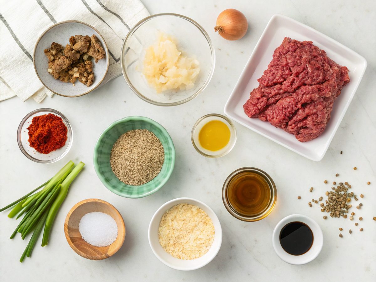 Visual representation of all ingredients needed for Korean ground beef bowl recipe.