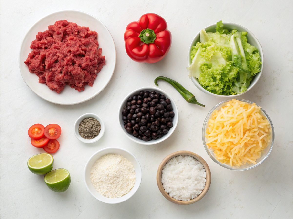 Ingredients for making a low carb burrito bowl, including beef, avocado, and more.