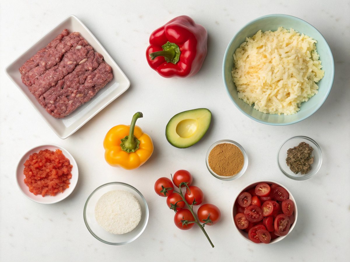 Flat lay of fresh ingredients for a low carb burrito bowl