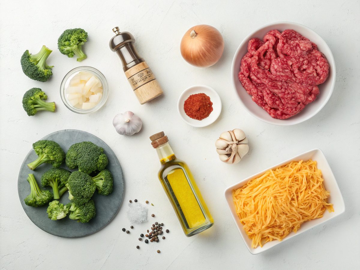 Ingredients laid out for making a Low-Carb Ground Beef Broccoli Skillet