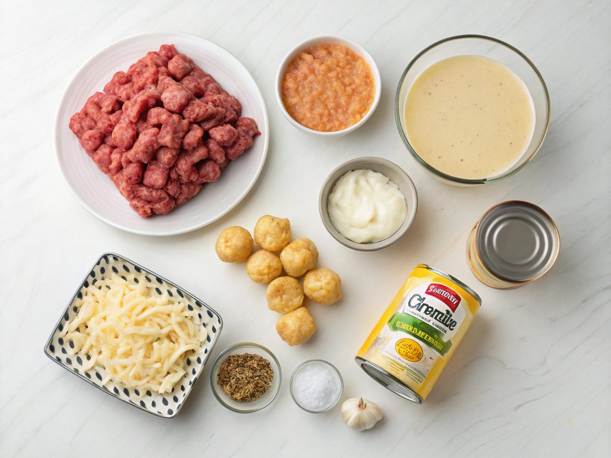 Flat lay of ingredients for make ahead tater tot casserole on a white background.