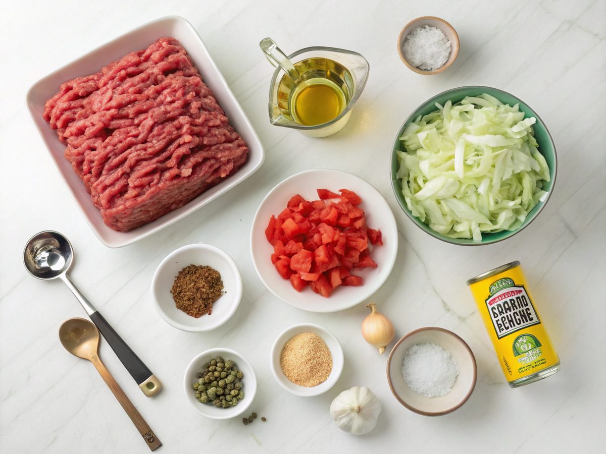 A top-down view of the fresh ingredients used for Mexican ground beef cabbage bowls.