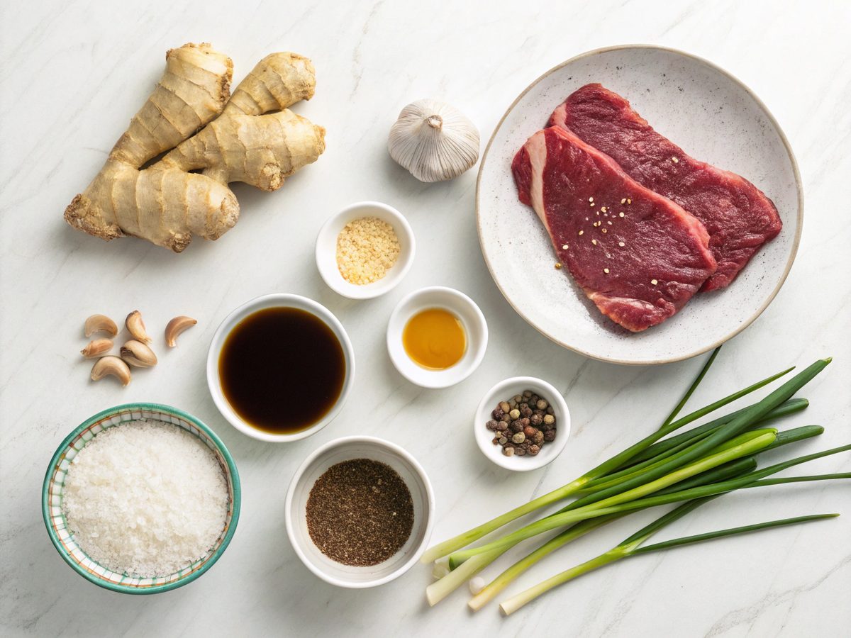 A complete view of all ingredients needed for Mongolian beef recipe, including flank steak and sauces.