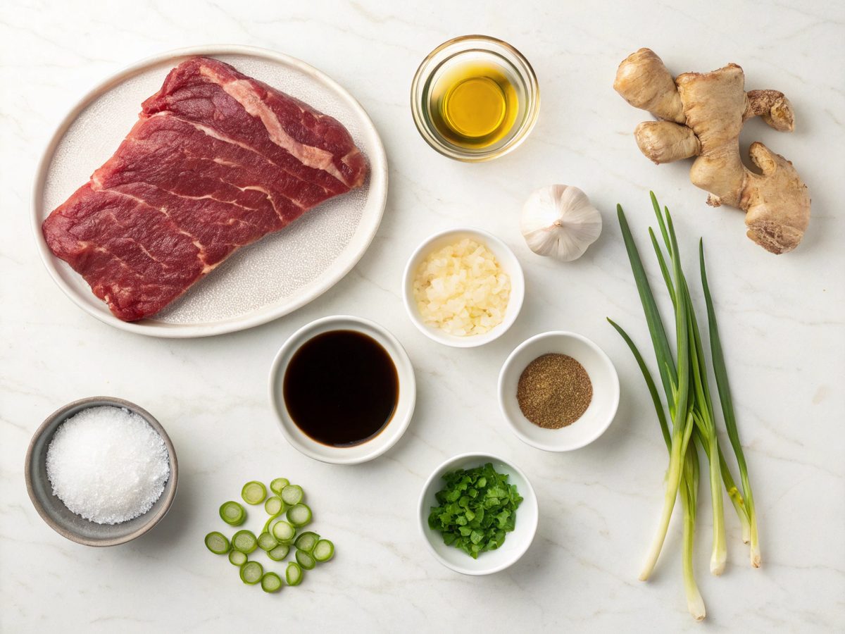 Ingredients needed for Mongolian Beef Recipe laid out on a table.