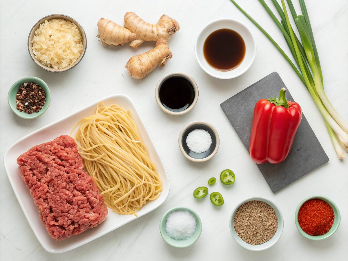 Visual display of ingredients for Mongolian Ground Beef Noodles