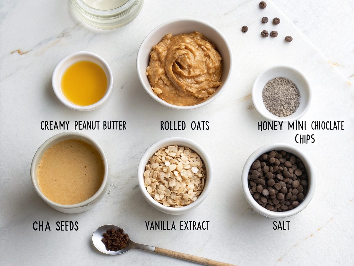 Illustration of all ingredients needed for no-bake peanut butter energy bites.
