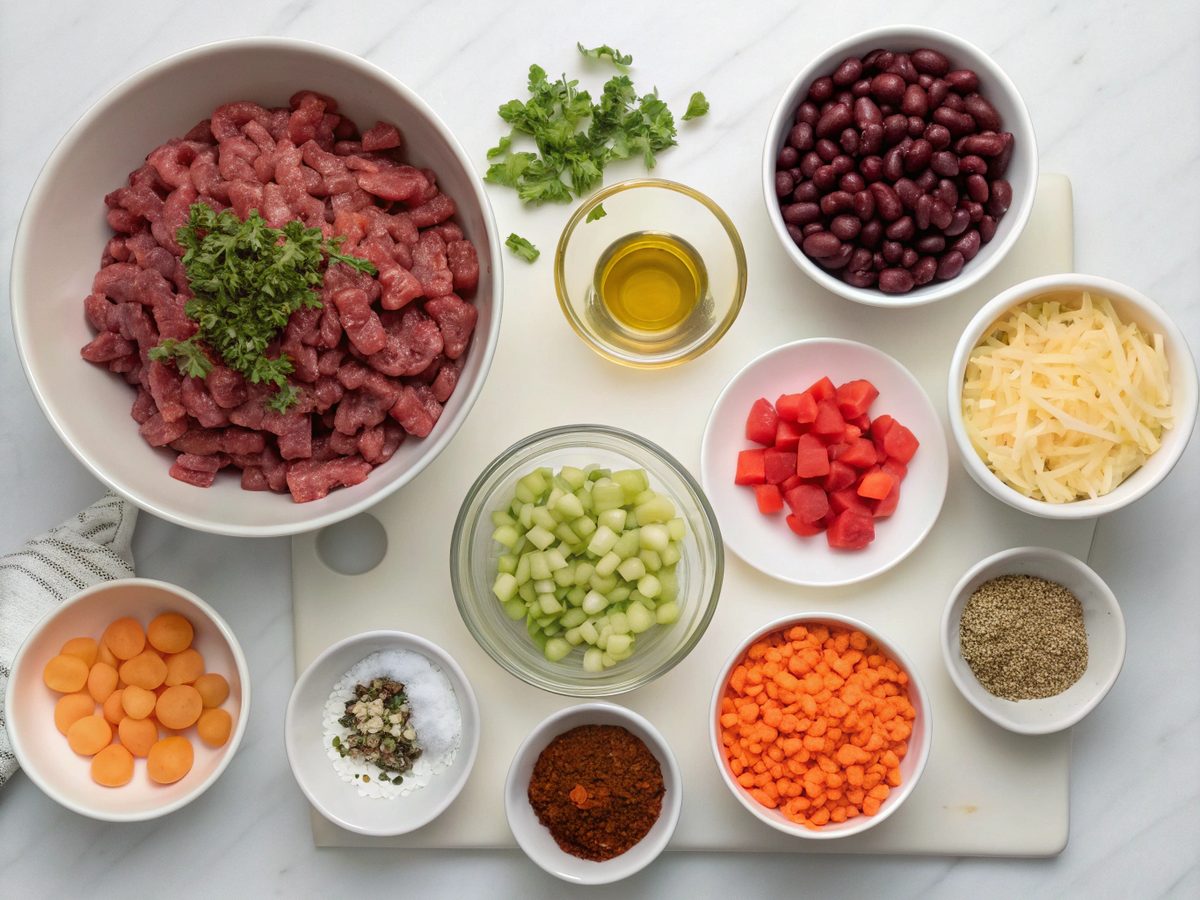 Flat lay of ingredients for Olive Garden Pasta e Fagioli Recipe