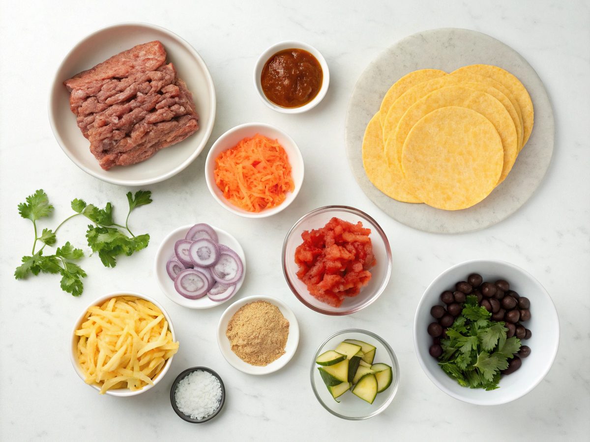 A vibrant display of ingredients for oven baked cheesy tacos, showcasing delicious flavors.