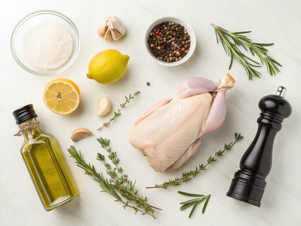 Ingredients laid out for making oven baked whole chicken, including spices and herbs.