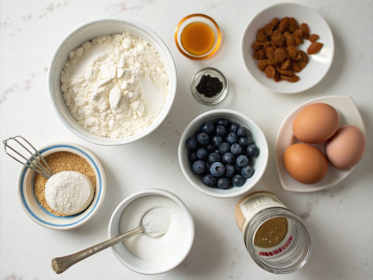 Ingredients for Protein Blueberry Donuts arranged on a kitchen counter
