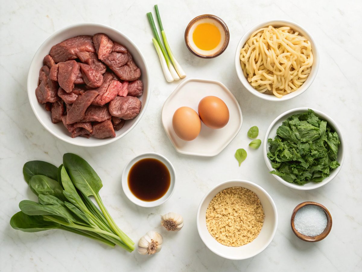 All necessary ingredients for preparing savory beef ramen noodles on a clean counter.