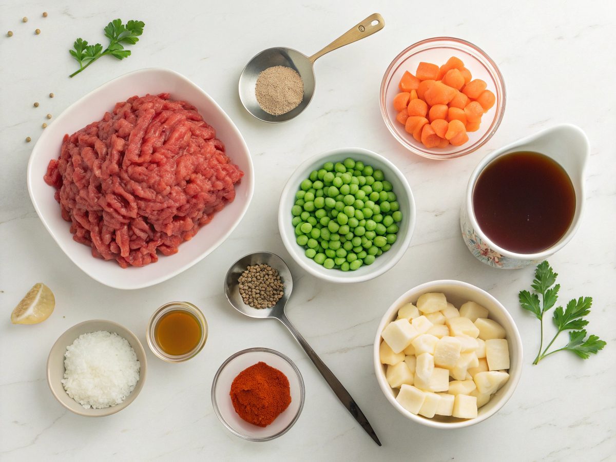 A view of various ingredients for making shepherd's pie with ground beef.