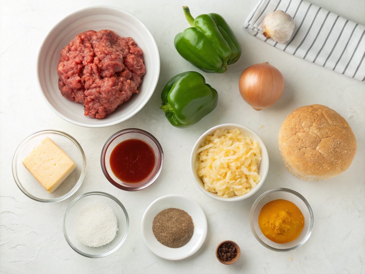 Flat lay of Sloppy Joe Casserole Recipe ingredients on a white surface