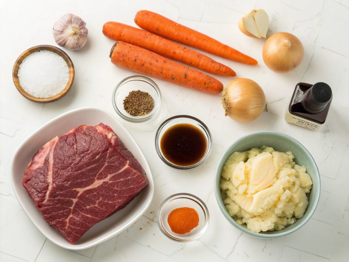 Flat lay of ingredients needed for Slow Cooker Beef Manhattan.