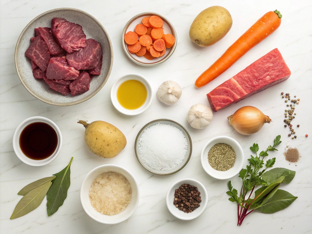 A visual guide to the ingredients needed for slow cooker beef stew.