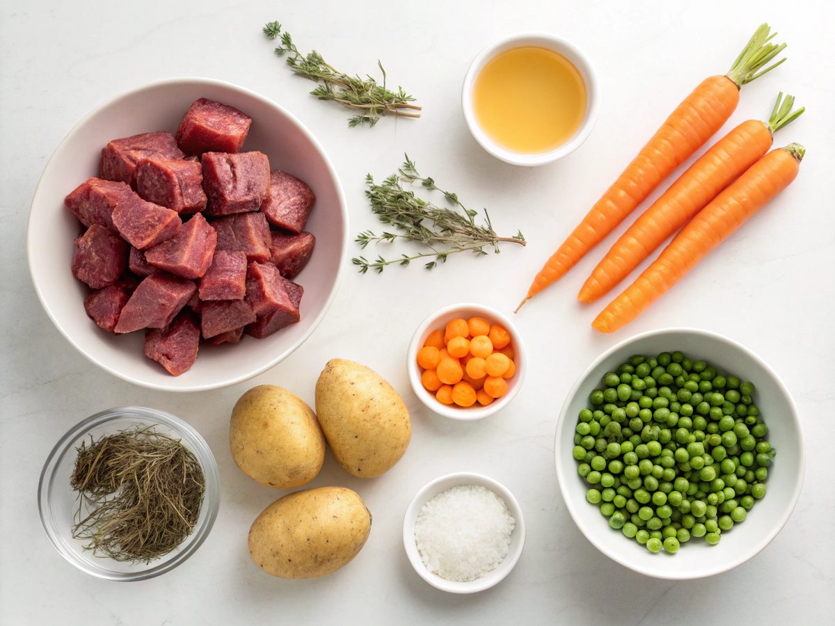 A flat lay of ingredients for Slow Cooker Beef Stew showcasing fresh vegetables and beef chunks.