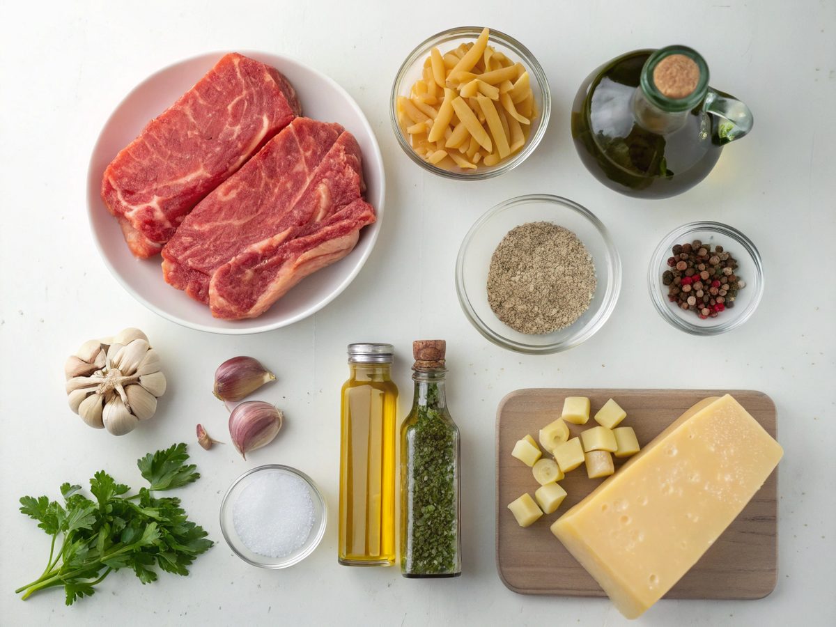 Flat lay of ingredients for slow cooker garlic beef pasta, including beef, garlic, and pasta.