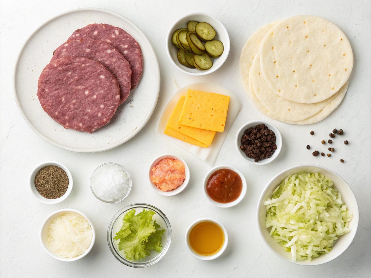 SEO-friendly visual of ingredients for smash burger tacos, showcasing beef, tortillas, and toppings.