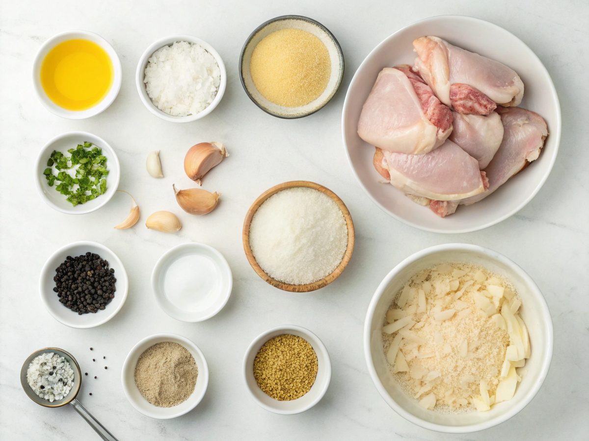 A flat lay of southern smothered chicken recipe ingredients, showcasing chicken thighs, flour, and more.